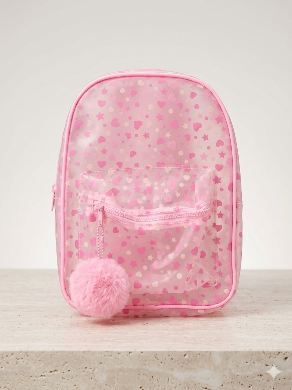 Kids Pink Heart & Star Clear Backpack with Pom Pom 12”